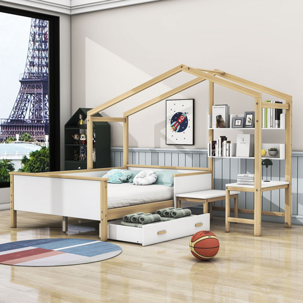 Gracie Oaks Yarisbeth Full 1 Drawer Wooden Platform Bed with Desk and